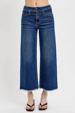 RISEN Raw Hem Wide Leg Attached Buckle Jeans
