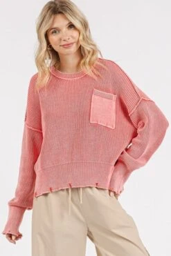 Mittoshop Distressed Hem Round Neck Dropped Shoulder Sweater