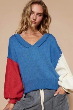 POL Exposed Seam Contrast V-Neck Lantern Sleeve Sweater -Little Loom Store 08837bbd 2470 4d88 89ee f71284616998 Max