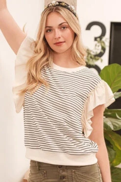 Lime 'N' Chili Striped Contrast Ruffle Detail Sleeveless Top -Little Loom Store 0b12a2603d63411887cafa0a83a415c4 Max Origin