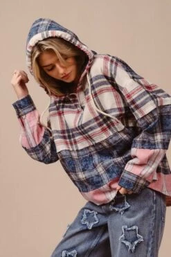 BiBi Drawstring Plaid Drop Shoulder Hoodie -Little Loom Store 0ed04549 62a2 4e54 b783 eb8de8576a50 Min