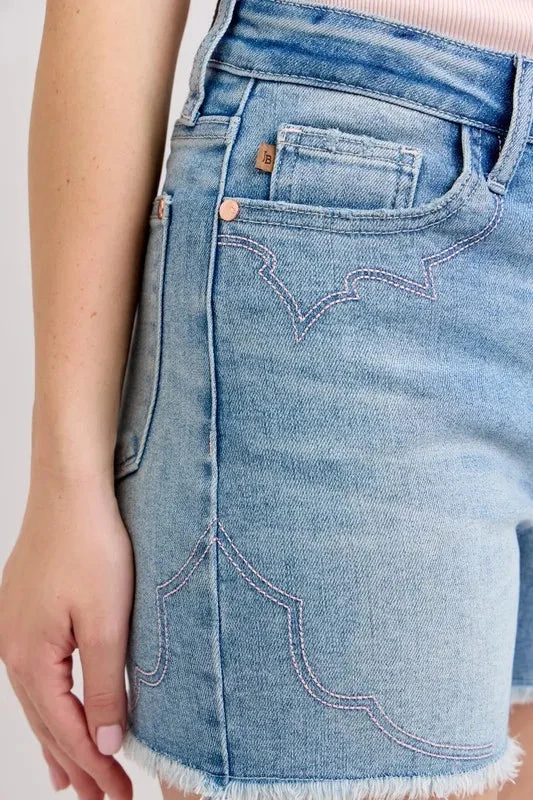 Judy Blue High Waist Western Embroidery Detail Cut Off Denim Shorts 10 Judy Blue High Waist Western Embroidery Detail Cut Off Denim Shorts - Image 8