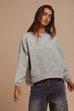 BiBi Mineral Washed Checkered Round Neck Denim Top -Little Loom Store 11ab2803 47c7 4a57 aca0 16b4841d5321 Min