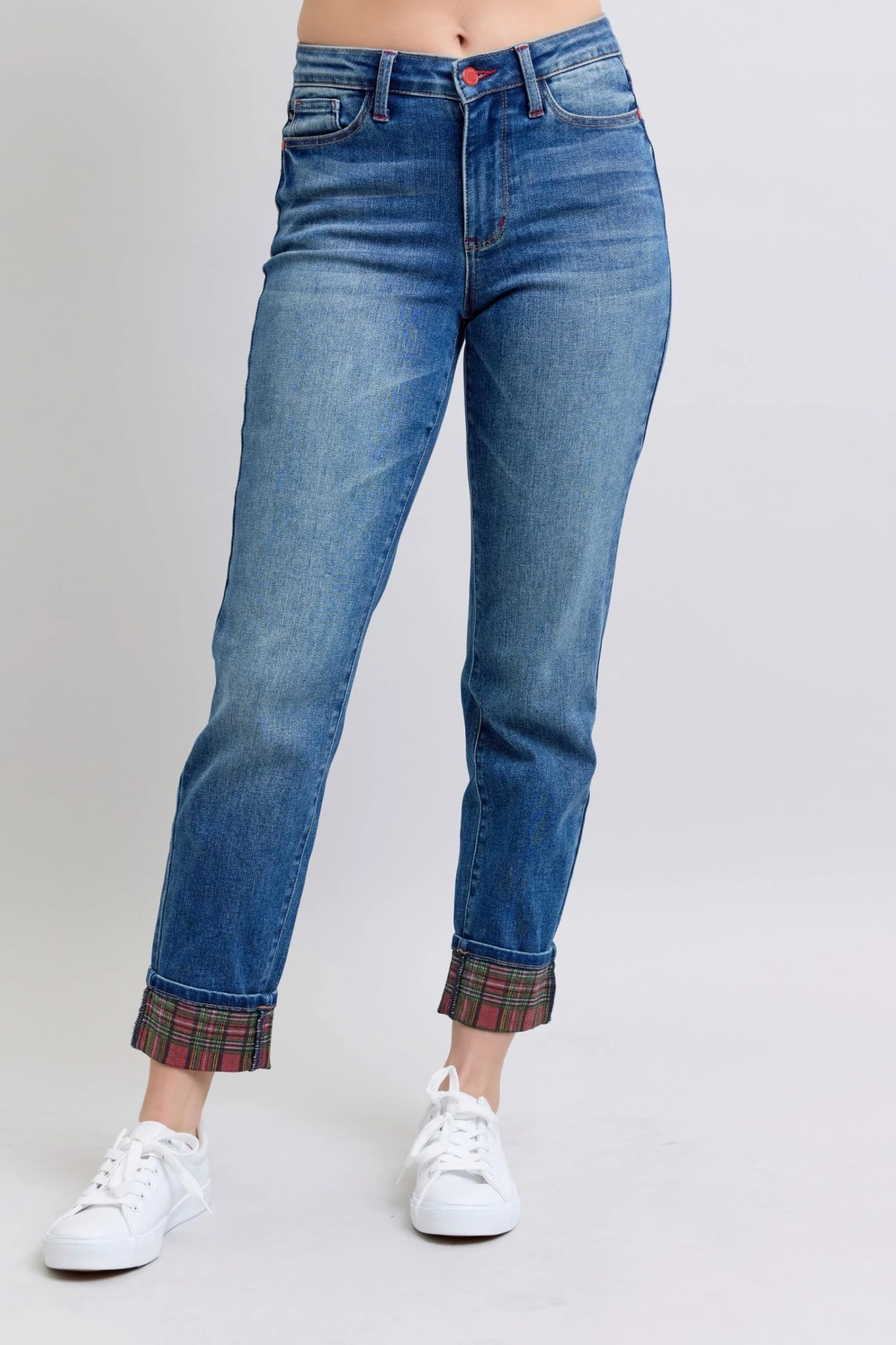 Judy Blue Full Size Plaid Print Cuff Straight Leg Jeans With Pockets 4 Judy Blue Full Size Plaid Print Cuff Straight Leg Jeans With Pockets - Image 2