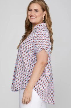 She + Sky Full Size Printed Johnny Collar Short Sleeve Blouse Plus Size -Little Loom Store 1379f295 4912 4665 b103 edf518e67f29 Max