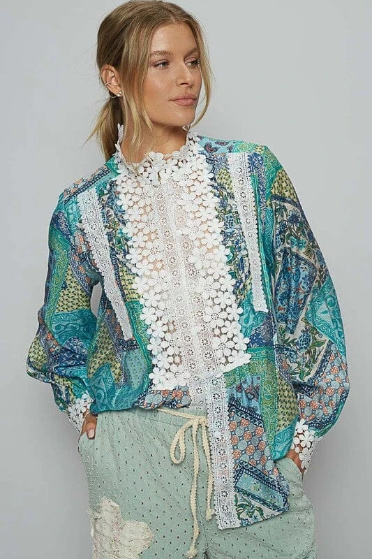 POL Lace Detail Printed Button Down Shirt 3 POL Lace Detail Printed Button Down Shirt