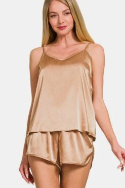 Zenana V-Neck Satin Cami And Elastic Waist Shorts Lounge Set