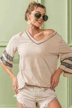BiBi Triblend Knit Top With Leopard Band Detail
