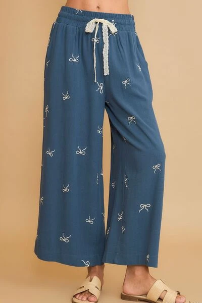 Umgee Full Size Lace Drawstring Embroidered Bow Wide Leg Pants Plus Size 3 Umgee Full Size Lace Drawstring Embroidered Bow Wide Leg Pants Plus Size
