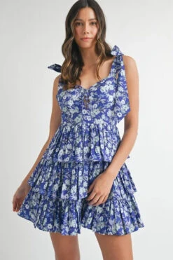 MABLE Floral Print Shoulder Tie Layered Mini Dress