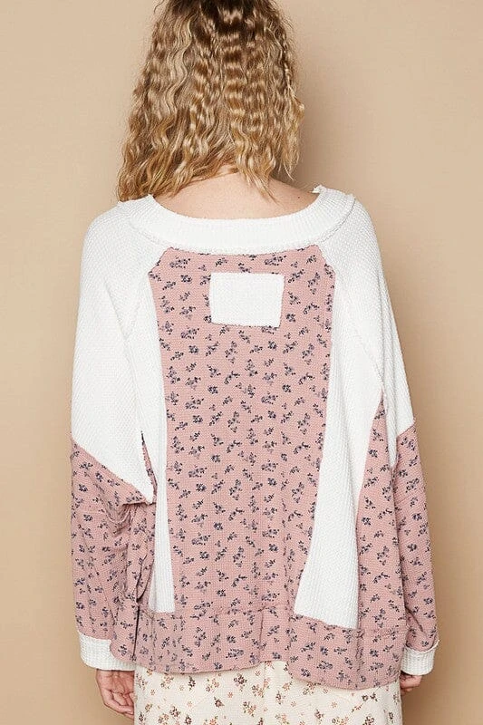 POL Waffle Knit Floral Notched Long Sleeve Top 4 POL Waffle Knit Floral Notched Long Sleeve Top - Image 2