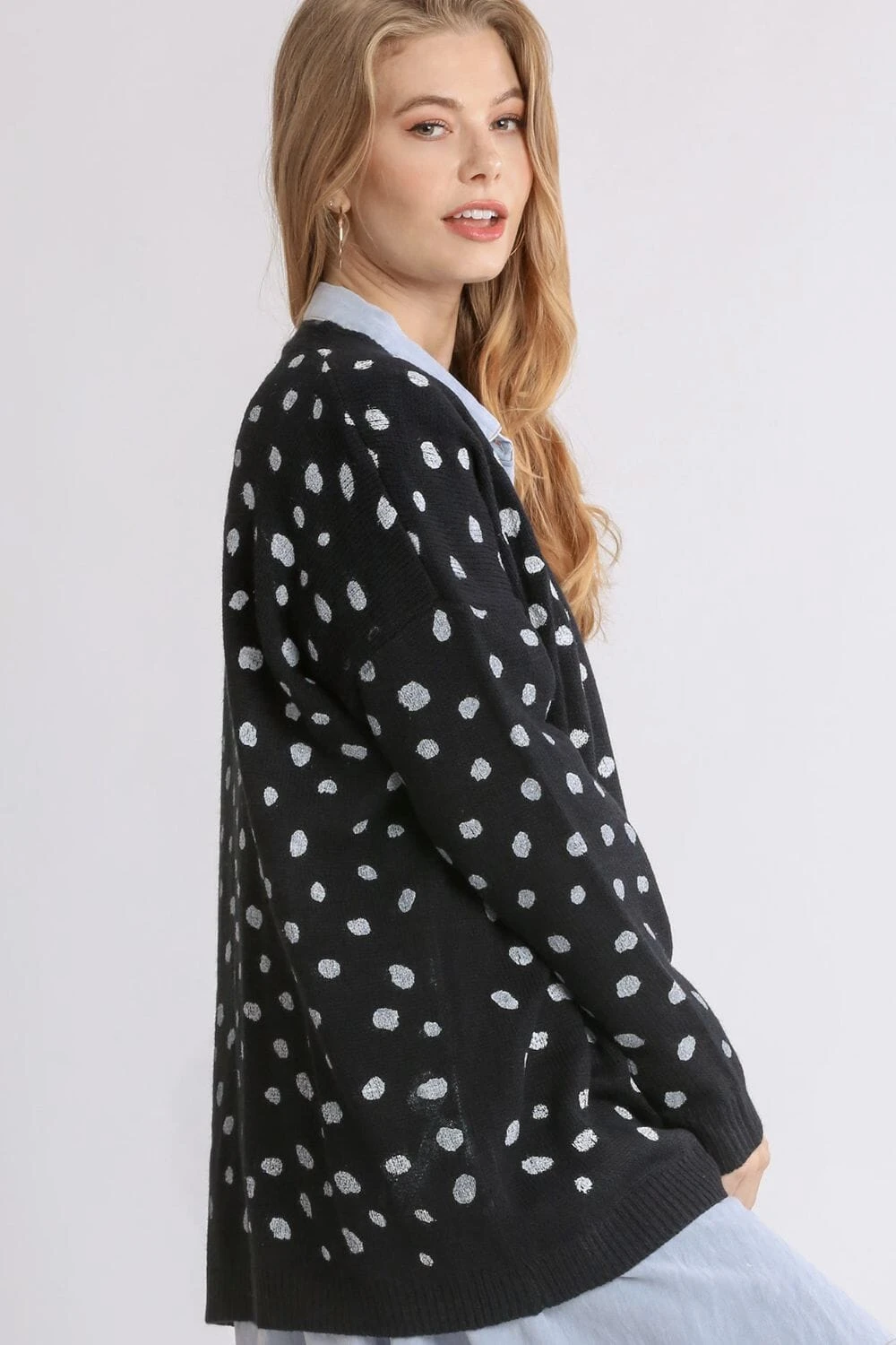 Umgee Polka Dot Open Front Drop Shoulder Cardigan 5 Umgee Polka Dot Open Front Drop Shoulder Cardigan - Image 3