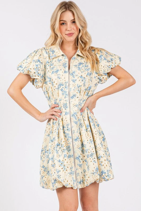 GeeGee Floral Eyelet Zipper Front Puff Sleeve Mini Dress 3 GeeGee Floral Eyelet Zipper Front Puff Sleeve Mini Dress