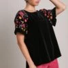 Umgee Full Size Velvet Embroidery Short Sleeve Blouse -Little Loom Store 22f326c5 5381 490f a4bb a589b09bc985 Max