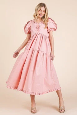 GeeGee Ruffle Trim Puff Sleeve Tiered Babydoll Midi Dress