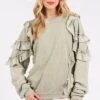 Mittoshop Ruffled Mineral Washed Round Neck Long Sleeve Sweatshirt