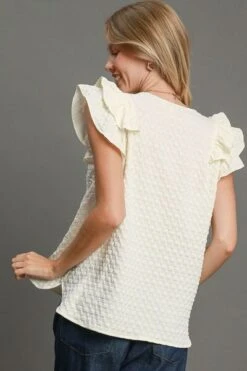 Umgee Full Size Textured Jacquard V-Neck Ruffle Cap Sleeve Blouse Plus Size -Little Loom Store 271eebcd ade1 4895 bda6 55fe6a9bdaa4 Min