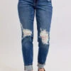 Judy Blue Full Size Mid Rise Boyfriend Destroy Jeans With Yoke Pockets And Faux Selvedge Cuff Plus Size -Little Loom Store 284e9f9feef24ed6a68404ac81f1dbbf Max Origin