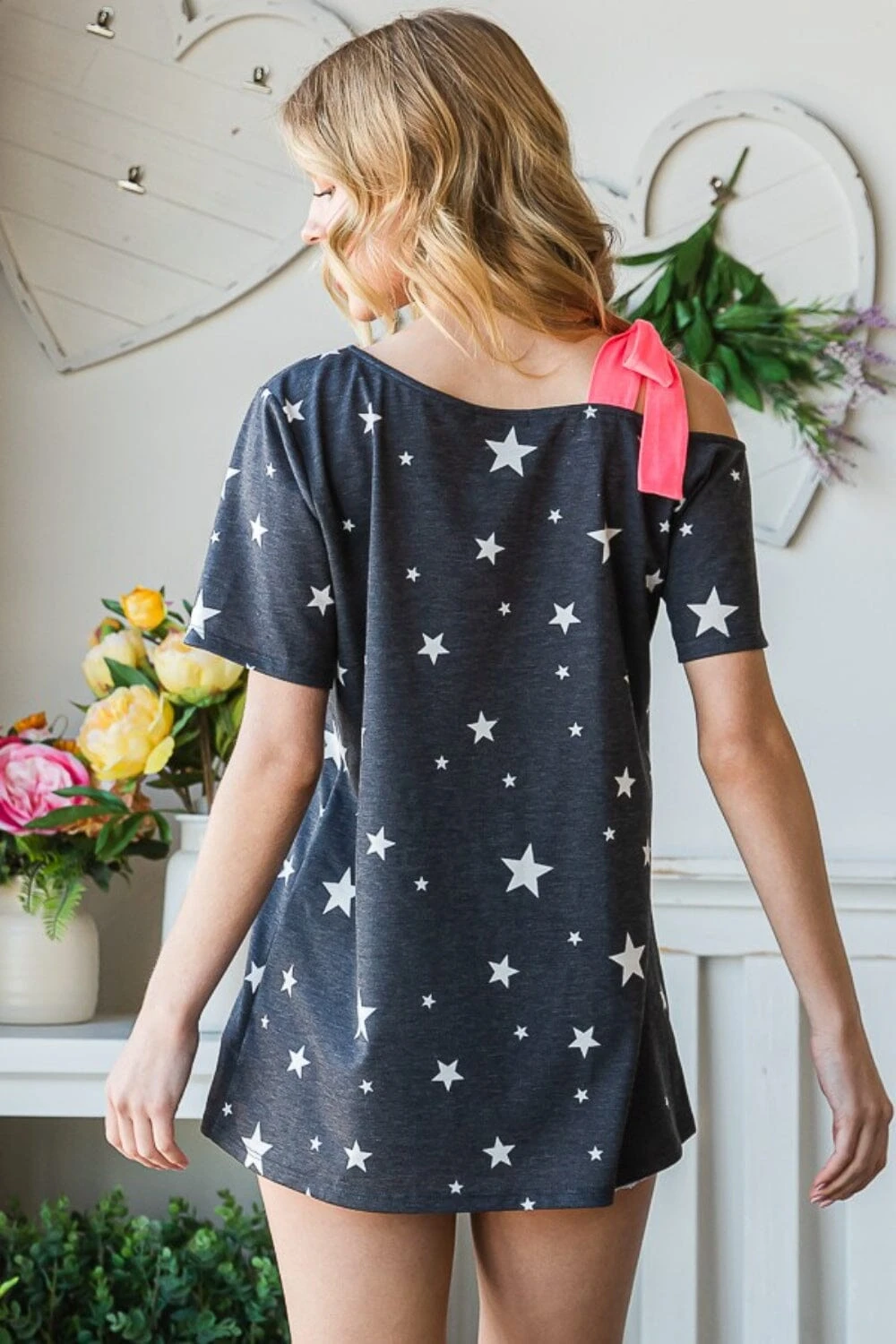 Star Print Asymmetrical Neck Short Sleeve Top 4 Star Print Asymmetrical Neck Short Sleeve Top - Image 2