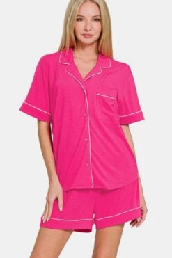 Zenana Button Down Short Sleeve Top And Shorts Lounge Set