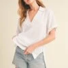 Aemi + Co Side Slit Johnny Collar Short Sleeve Cotton Gauze Blouse