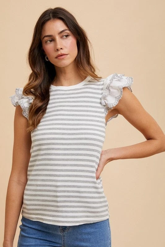 Annie Wear Ruffled Striped Round Neck Cap Sleeve Knit Top 3 Annie Wear Ruffled Striped Round Neck Cap Sleeve Knit Top