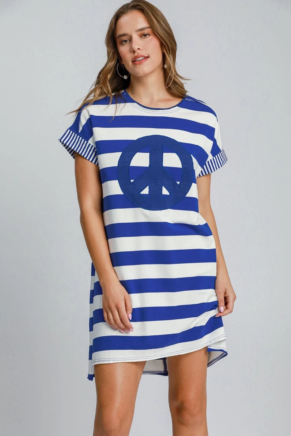 Umgee Peace Applique Striped Short Sleeve Mini Dress 3 Umgee Peace Applique Striped Short Sleeve Mini Dress
