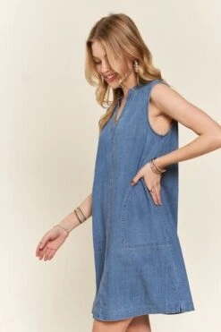 ADORA Notched Sleeveless Denim Dress With Pockets -Little Loom Store 381e7151 58b7 40d6 b890 8d7645098606 Min