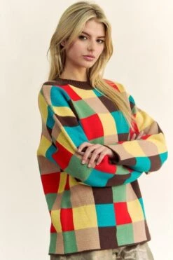Davi & Dani Color Block Checkered Dropped Shoulder Sweater -Little Loom Store 39544400 1ed4 4ba2 80c1 90d4a0d5f8a9 Max