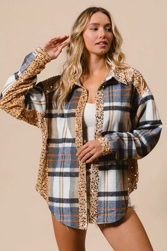 BiBi Curved Hem Sequin Plaid Button Up Shacket 3 BiBi Curved Hem Sequin Plaid Button Up Shacket