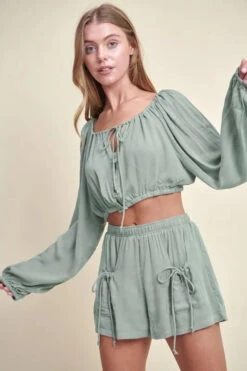 MABLE Gauze Long Sleeve Button Crop Top And Short Set -Little Loom Store 40007b30cdd142c8a9dd2395154fd54c Max Origin