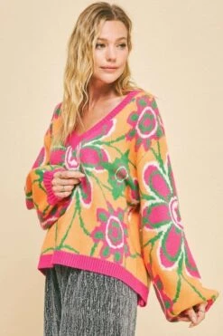 Davi & Dani Floral Contrast V-Neck Dropped Shoulder Sweater -Little Loom Store 40c9c667 acd6 4aae 95b3 2fa0a25b816f Max