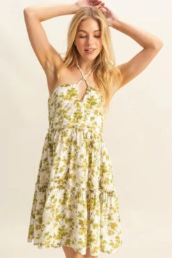 HYFVE Floral Print Halter Neck Tiered Mini Dress