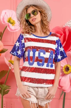 BiBi American Flag Theme USA Lettering Sequin Top -Little Loom Store 427bb390467b4ba588ec7bb513e590ae Max Origin
