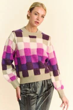 Davi & Dani Checkered Round Neck Long Sleeve Sweater -Little Loom Store 43fa2e0d f679 4e35 9031 0bfd8adf176d Max