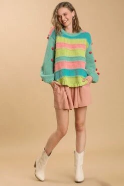 Umgee Full Size Color Block Cable Knit Sweater With Pom Pom Plus Size -Little Loom Store 4529ef46 17d2 4b24 9759 51c7b406dab3 Min
