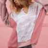 BiBi Camo Printed French Terry Knit Color Block Top