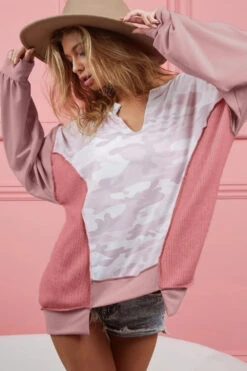 BiBi Camo Printed French Terry Knit Color Block Top