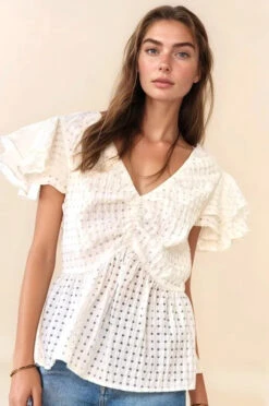 Davi & Dani Shirring V-Neck Ruffle Gingham Plaid Printed Top