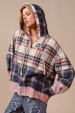 BiBi Drawstring Plaid Drop Shoulder Hoodie -Little Loom Store 48903fb0 c127 4c08 8c7a f8b37da59c1a Min