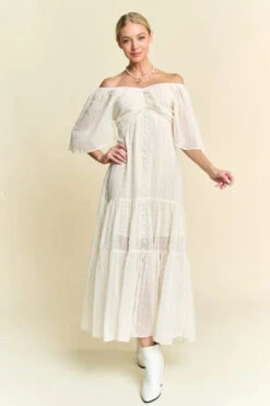 Davi & Dani Swiss Dotted Ruched Ruffle Open Back Midi Dress