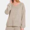 Zenana V-Neck Long Sleeve Ribbed Top And Shorts Set