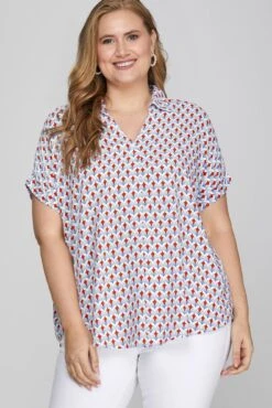 She + Sky Full Size Printed Johnny Collar Short Sleeve Blouse Plus Size -Little Loom Store 4b1e072e ada7 4726 b3d9 1756f8959874 Max