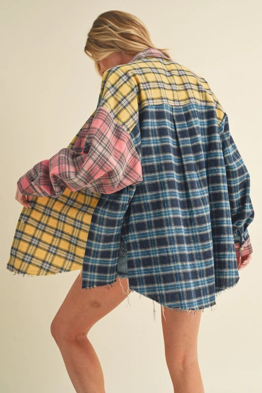 Aemi + Co Frayed Hem Color Block Plaid Drop Shoulder Shirt 9 Aemi + Co Frayed Hem Color Block Plaid Drop Shoulder Shirt - Image 7