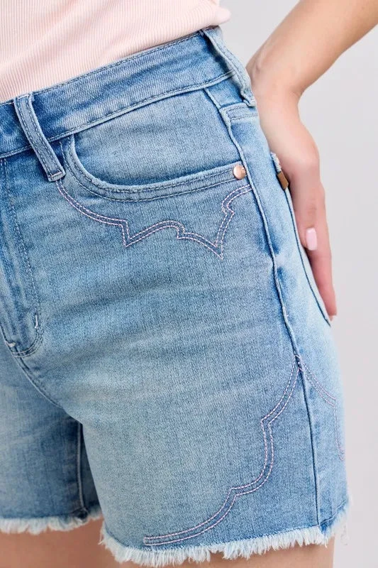 Judy Blue High Waist Western Embroidery Detail Cut Off Denim Shorts 11 Judy Blue High Waist Western Embroidery Detail Cut Off Denim Shorts - Image 9