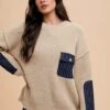 Annie Wear Contrast Round Neck Drop Shoulder Sweater With Patch Pocket