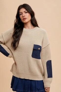 Annie Wear Contrast Round Neck Drop Shoulder Sweater With Patch Pocket