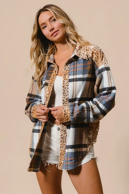 BiBi Curved Hem Sequin Plaid Button Up Shacket 5 BiBi Curved Hem Sequin Plaid Button Up Shacket - Image 3