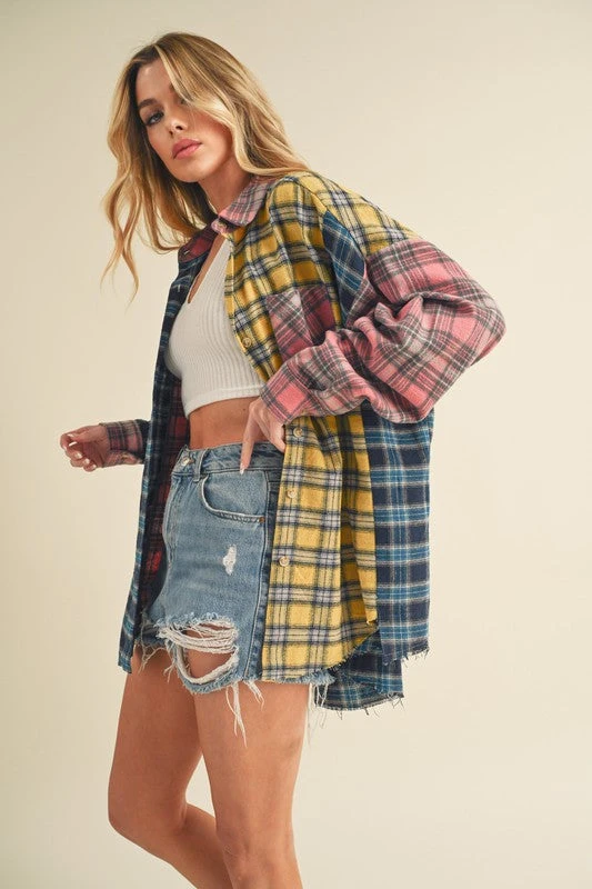 Aemi + Co Frayed Hem Color Block Plaid Drop Shoulder Shirt 7 Aemi + Co Frayed Hem Color Block Plaid Drop Shoulder Shirt - Image 5