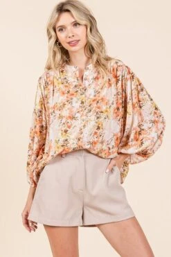 Mittoshop Flower Print Batwing Sleeve Button Down Blouse